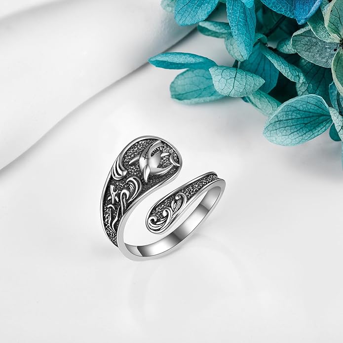 Spoon Rings 925 Sterling Silver Adjustable Hummingbird/Shark/Daisy/Tree Of Life/Dragonfly/Witches Knot/Sea Turtle Ring Thumb Rings Birthday Jewelry Gifts for Women Mother