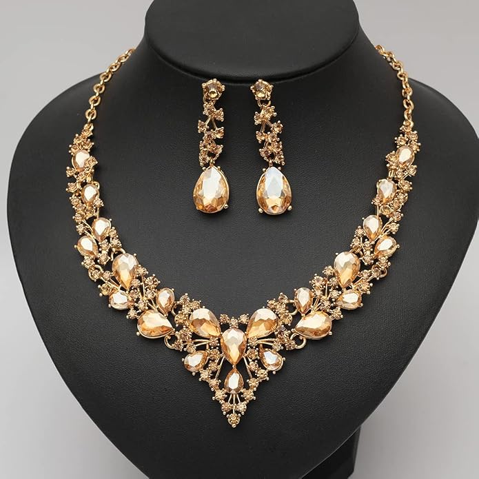 CSY 4 Pcs/Set Austrian Crystal Necklace Earrings Bracelet Ring Bridal Jewelry Sets for Brides Wedding Party Costume Accessories Gifts for Women