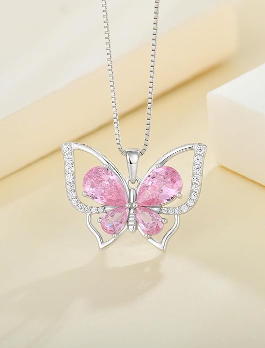YL Women's Butterfly Necklace 925 Sterling Silver Flower Rose Pendant Birthstone Halo Jewelry