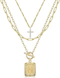 MJartoria Layered Initial Necklaces for Women Trendy, 14K Gold Plated Brass Simple Dainty Cross Choker Square Letter Pendant Necklace, Paperclip Chain Necklaces Jewelry