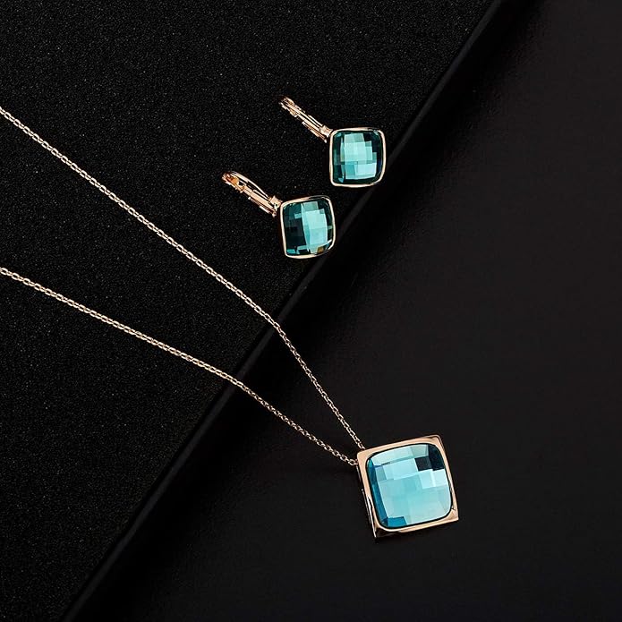 EVEVIC Square Austrian Crystal Necklace Earrings for Women Fashion 18K Gold Plated Hypoallergenic Jewelry Set