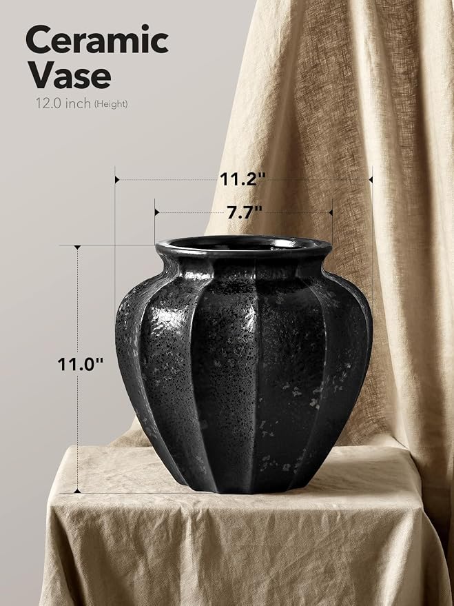 LE TAUCI 11" Ceramic Vase, Artisan Large Black Ceramic Vase - Image 2