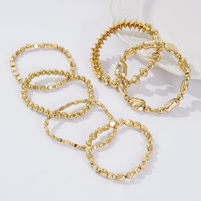 Gold Plated Beaded Bracelets for Women Trendy, 14K Gold Plated Stack Cross Pearl Gold Plated Bead Stretch Bracelets Set Elastic Hypoallergenic Bracelets Jewelry Gifts