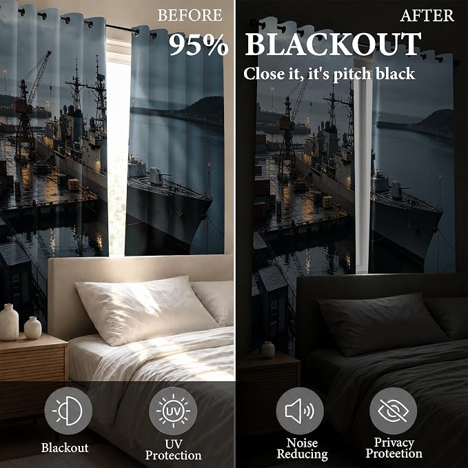 Navy Warship Blackout Curtains for Bedroom 63 Inches Long | Seaport Dock Room - Image 5