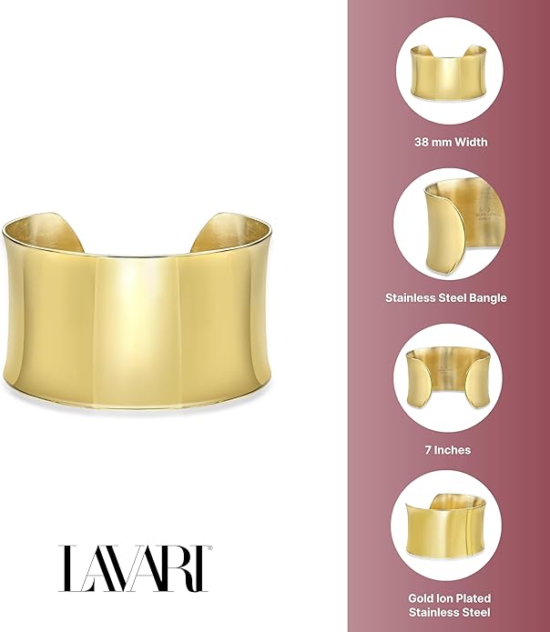 Lavari Jewelers 7 Inches Long Wide Open Cuff Bangle Bracelet for Women I 2.5 Inches in Diameter and 1.5 Inches in Height I Ion Plated Stainless Steel or Satin Finish Bangle for Her I Wide Bracelet