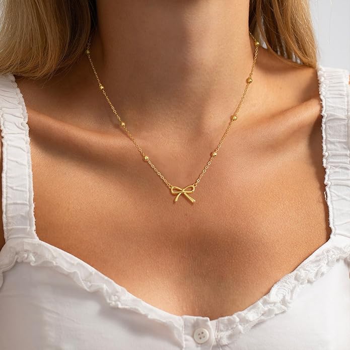 Valentines Day Gifts for Her - Dainty Bow Necklace for Women 14K Gold Plated Cute Choker Small Pendant Charm Necklaces Teen Gift Trendy Stuff Personalized Jewelry