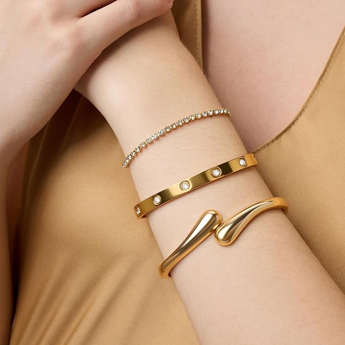 PDWZNBA 18K Gold-Plated Bracelet Set – Floral Clover, Tennis, Chunky Adjustable Twist Cuff, Classic Gold-plated Bangle Stainless Steel, Non Tarnish, Stackable Bracelet Gift for Women