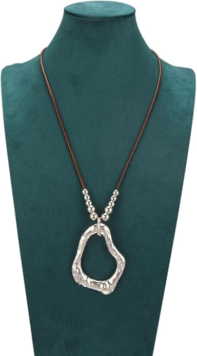 Boho Leather Necklace Women Bohemian Brown Circle Pendant Necklace Choker Long Necklaces for Women Boho Ring Large Pendant