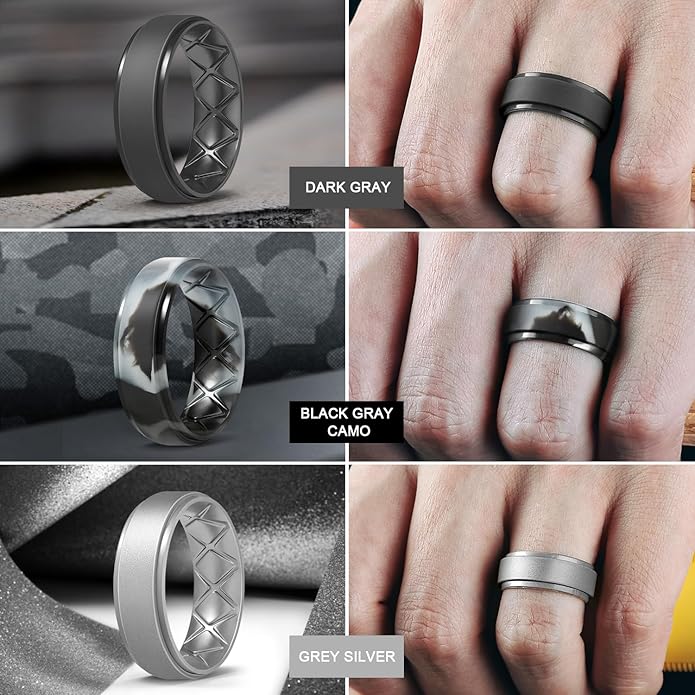 Egnaro Men's Rings 8.5mm Wide-2mm Thick Inner Arc Ergonomic Breathable Rubber Wedding bands-Hypoallergenic for Gym/Outdoor/Gift((1-7 Variety Pack with Half Size)