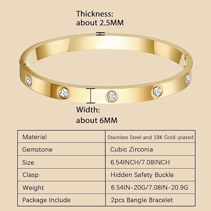 2Pcs 18K Gold-Plated Love Bangle Bracelets set for Women, Stainless Steel Cubic Zirconia Bangle Crystal Friendship Jewelry, Easter Wedding Birthday Gifts for Girlfriend, Wife, Monther