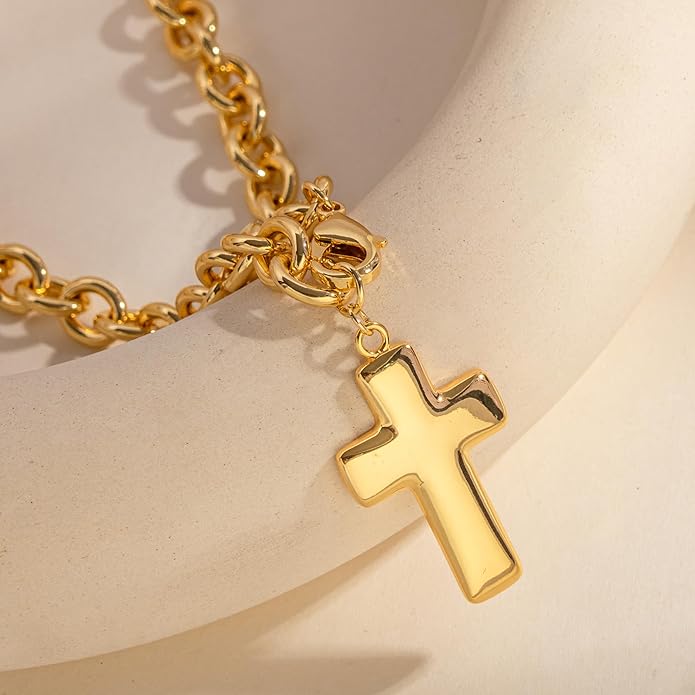 18k Gold Chunky Cross Necklace for Women Hammered Cross Choker Necklaces Bold Statement Necklace Trendy Jewelry