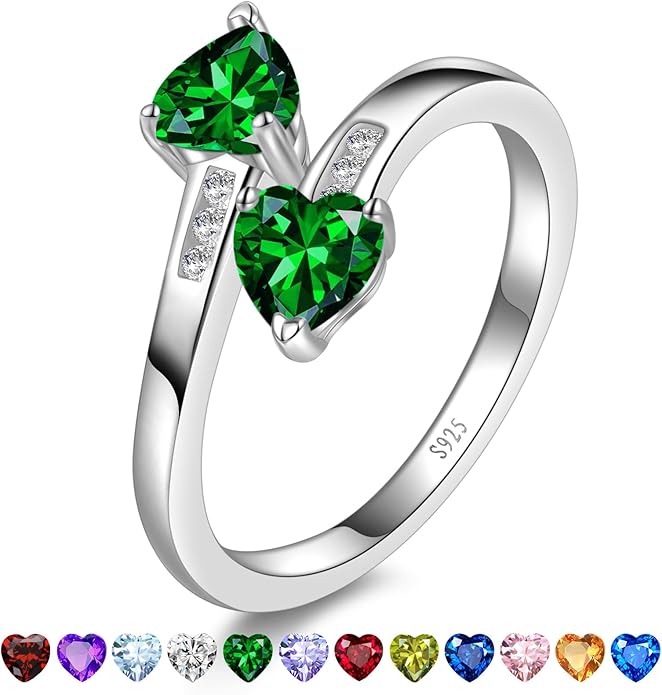 1CT Adjustable Women Heart Ring 925 Sterling Silver Birthstone Rings for Women Promise Ring for her Simulated Gemstone Statement Stackable Band Width 2mm Open Size 5~9