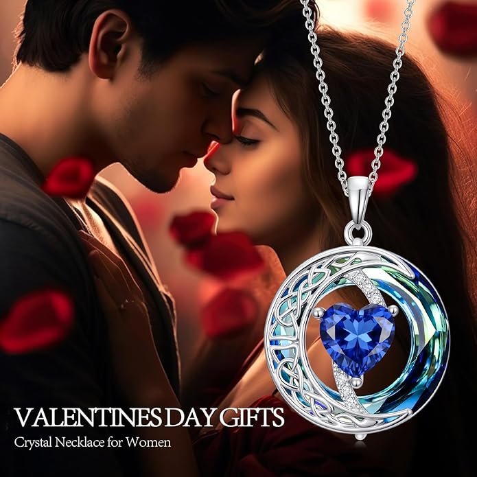 Valentines Day Gifts for Women, Birthstone Necklace for Women, Celtic Moon Pendant Blue Crystal Necklace Heart Jewelry Anniversary Jewelry Gift for Daughter Wife Mother Sister
