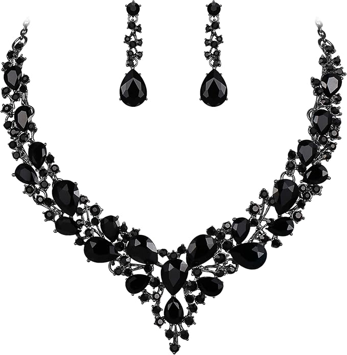 BriLove Women's Wedding Bridal Austrian Crystal Teardrop Cluster Statement Necklace Dangle Earrings Jewelry Set