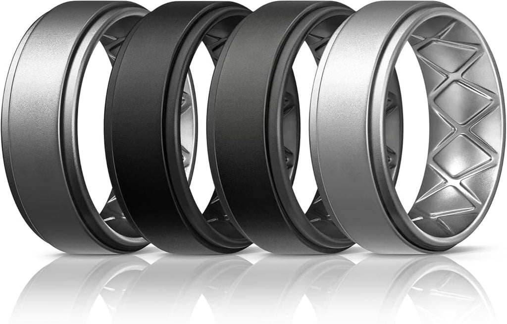 Egnaro Silicone Rings for Men 1/4/5/6/7 Multipack of Breathable Mens Silicone Rubber Wedding Rings Bands - Step Edge