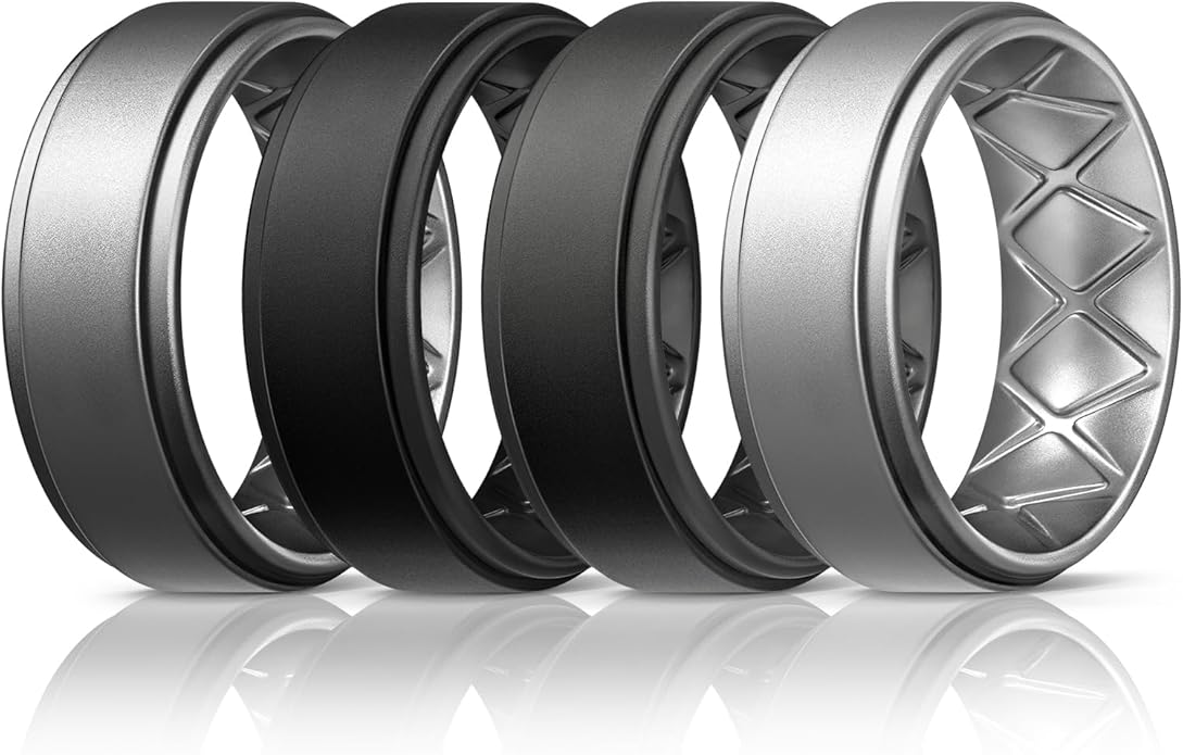 Egnaro Silicone Rings for Men 1/4/5/6/7 Multipack of Breathable Mens Silicone Rubber Wedding Rings Bands - Step Edge