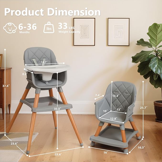 Kinder King 7 in 1 Baby High Chair for Babies and Toddlers with Large Storage Footrest, Booster Seat, Convertible Wooden High Chair with 3-Depth Double Dishwasher Safe Tray, 5 Point Harness, Gray