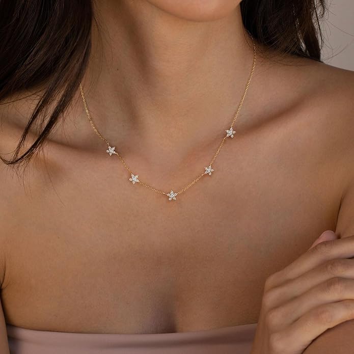 VRIUA Necklaces for Women - 14K Gold/Silver Plated Dainty Chain Necklace with Five Charms: Diamond, Bow, Snowflake, Cross, Flower, Clover, Butterfly, Heart, Star of David, and Star Trendy Jewelry