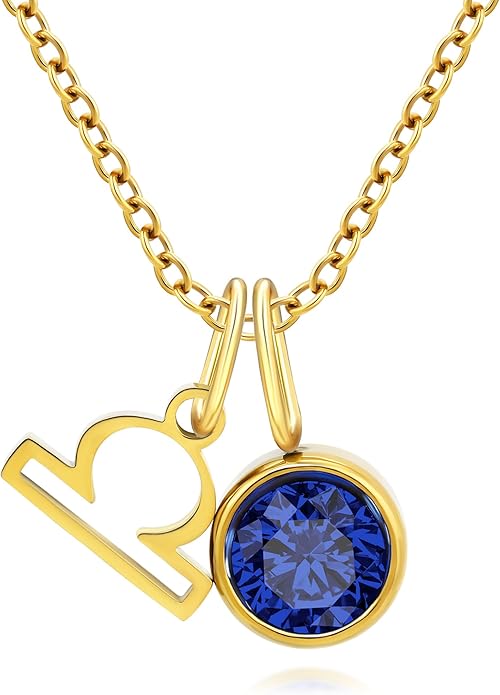 MISS RIGHT Initial Birthstone Necklace for Women - Personalized Gifts Birthday Gifts for Women Stainless Steel 18K Gold Plated Dainty Gold Zodiac Sign 12 Constellation Horoscope Necklace Jewelry