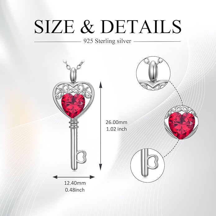 WSX Heart Key Birthstone Necklace for Women 925 Sterling Silver Love Key Pendant with Birthstone Valentine's Day Anniversary Jewelry Gift for Her
