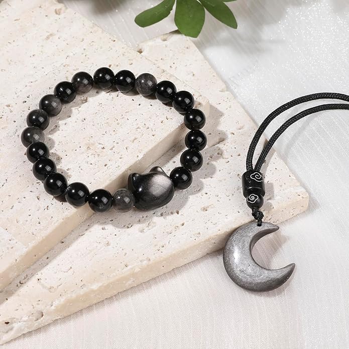 Black Obsidian Cat Bracelet and Moon Pendant Necklace Jewelry Set-Cat Lover Gifts,Wealth Attraction,Good Luck,Bead Bracelet,Mindfulness,Beaded Bracelets, Obsidian Pendant Necklace-Cute Gifts for Women