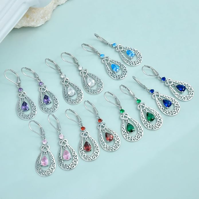 Teardrop Birthstone Dangle Drop Earrings Sterling Silver Infinity Filigree Leverback Earrings, Infinity Love Birthday Anniversary Valentines Day Gifts for Her Women Mom Wife