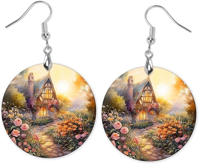 Round Wood Earrings Light Weight Printed Image Dangle Jewelry