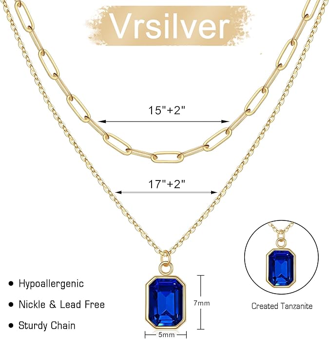 Layered Birthstone Necklace for Women Girls, 14K Gold-Plated Paperclip Chain Choker Necklace with Rectangle Birthstone Pendant Birthday Gifts for Women Girls Dainty Small