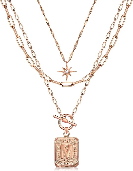 MJartoria Layered Initial Necklaces for Women Trendy, 14K Gold Plated Brass Simple Star Choker Square Letter Pendant Necklace, Paperclip Chain Necklaces Jewelry Gifts
