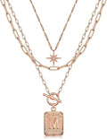 MJartoria Layered Initial Necklaces for Women Trendy, 14K Gold Plated Brass Simple Star Choker Square Letter Pendant Necklace, Paperclip Chain Necklaces Jewelry Gifts