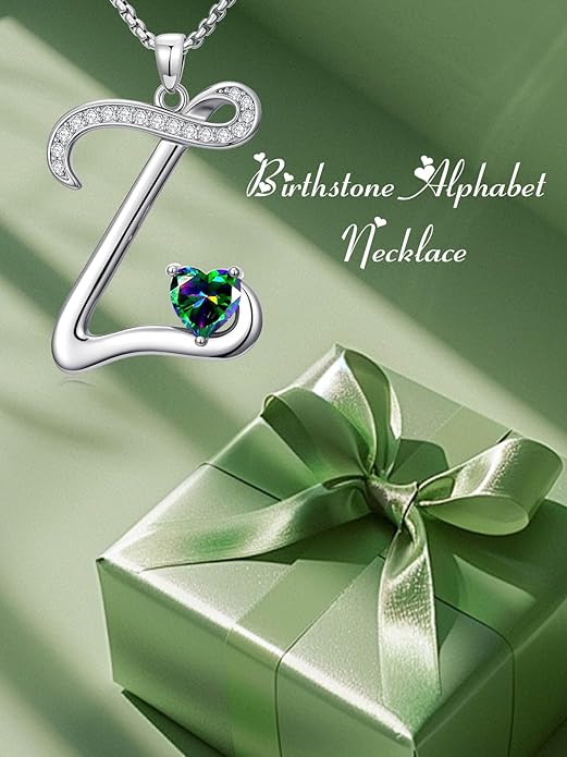 Valentines Day Gifts for Women Alphabet A to Z Initial Birthstone Pendant Necklaces for Women - 18k White Gold Plated Personalized Name Jewelry Valentine Mothers Day Birthday Gifts for Women Her Girlfriend