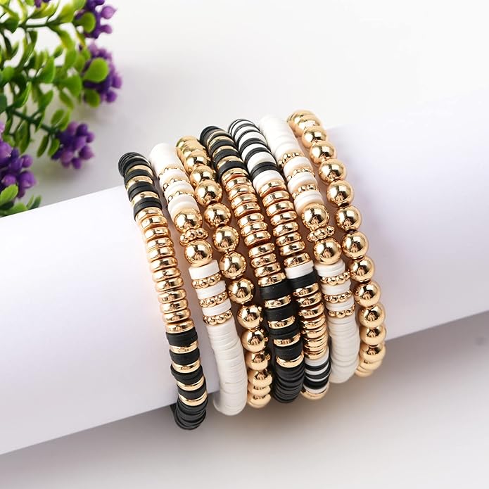 GOOJIDS Surfer Heishi Clay Bead Bracelets for Women Bohemian Stackable Gold Plated Beaded Stretch Bracelets Elastic Layering Friendship Bracelets Set Boho Jewelry