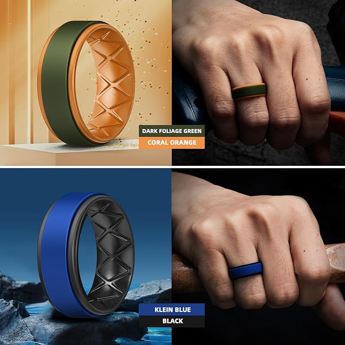 Egnaro Silicone Rings for Men 1/4/5/6/7 Multipack of Breathable Mens Silicone Rubber Wedding Rings Bands - Step Edge