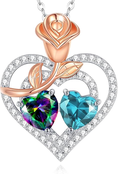 AGVANA Valentines Day Gifts Birthstone Necklace for Women Sterling Silver Rose Flower Heart Double Birthstone Jewelry Pendant Necklace Anniversary Birthday Gifts for Women Mom Wife Girlfriend Her