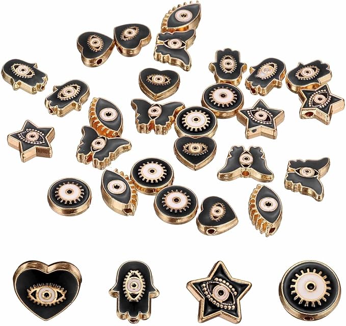 MECCANIXITY 30 Pcs Evil Eye Beads Bulk Colorful Alloy Enamel Loose Spacer Charm Beads for DIY Bracelet Earrings Necklace Crafts Jewelry Making, Black