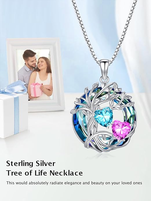 TOUPOP s925 Sterling Silver Family Celtic Tree of Life Pendant Necklaces with 2 Heart Birthstone with Blue Austrian Crystal Jewelry Birthday Valentines Day Gifts for Her, Anniversary Christmas Gifts for Wife Girlfriend Mom (18K Real White Gold Filled)