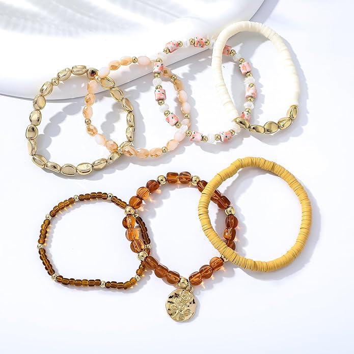 GOOJIDS Surfer Heishi Clay Bead Bracelets for Women Bohemian Stackable Gold Plated Beaded Stretch Bracelets Elastic Layering Friendship Bracelets Set Boho Jewelry