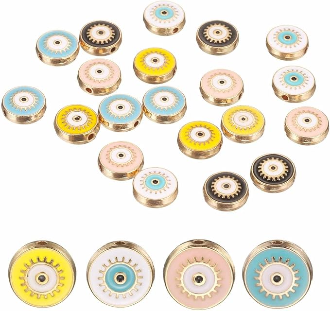 MECCANIXITY 20 Pcs Flat Round Evil Eye Beads Colorful Flat Loose Spacer Evil Eye Charms for DIY Bracelet Earrings Necklace Crafts Jewelry Making, Pink/Sky Blue/Yellow/Black/White