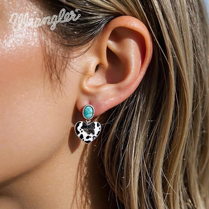 Wrangler Western Heart Drop Dangle Earrings for Women Statement 14k Gold Turquoise Cow Print Cowgirl Trendy Jewelry