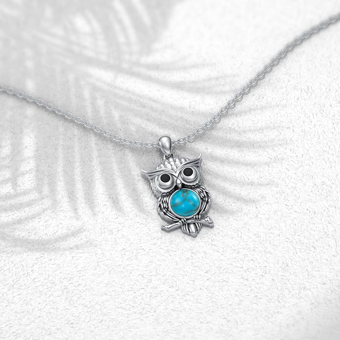 Turquoise Owl Necklace 925 Sterling Silver Genuine Turquoise Cute Animal Owl Pendant Western Boho Jewelry Gifts for Women
