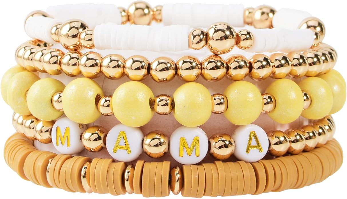 GOOJIDS Surfer Heishi Clay Bead Bracelets for Women Bohemian Stackable Gold Plated Beaded Stretch Bracelets Elastic Layering Friendship Bracelets Set Boho Jewelry