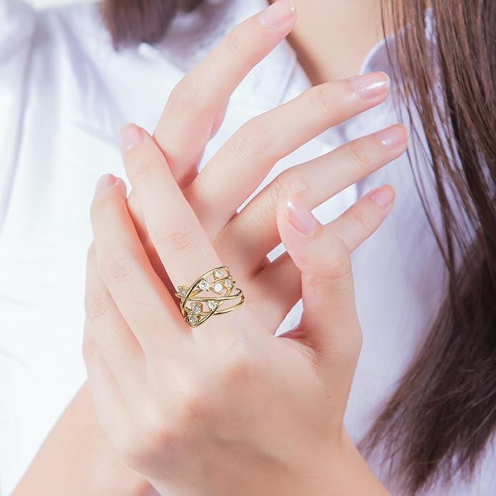 18K Gold Plated Rings for Women and Teen Girls Non Tarnish Cubic Zirconia Fidget Ring Butterfly/Snake/Mesh/Cross/Crown Knuckle Ring Open Adjustable Statement Stacking Chunky Rings