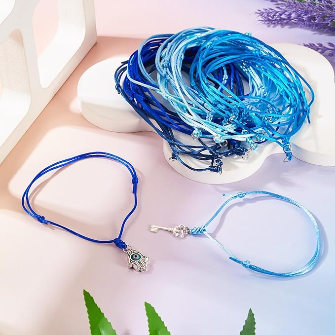 50Pcs Adjustable Braided Cord Colorful Waxed Thread Half Finished Bracelet with Jump Rings Knotting Bracelet Ropes for Wrist DIY Women Jewelry Friendship Bangle Decor 8.5-16cm Long-Blue
