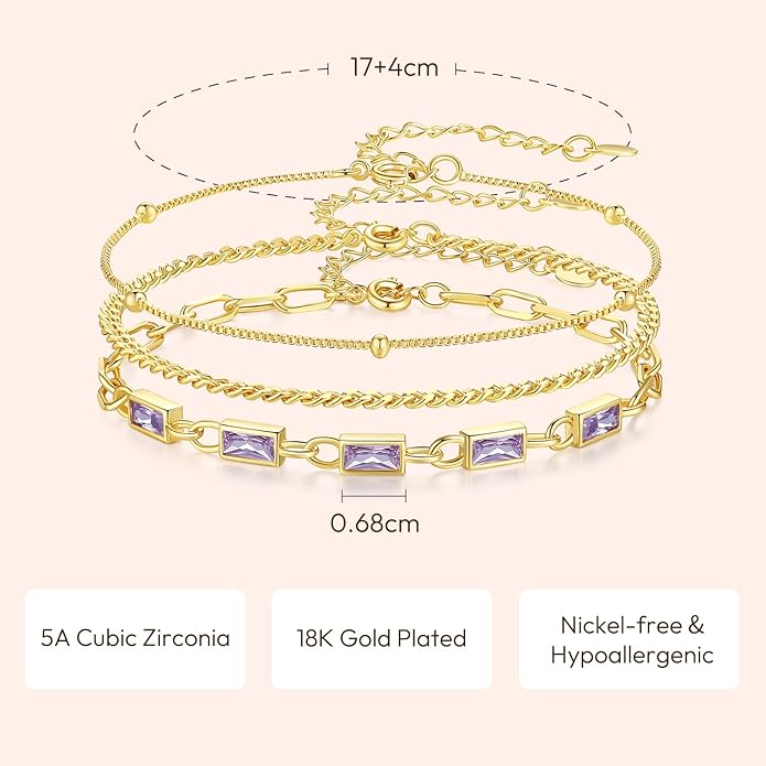 Gold Birthstone Bracelet for Women, 18K Gold Plated Layered Jewelry Bracelet Set, Womens Dainty Stackable Bracelets Link Paperclip Chain Valentines Day Gift for Wife Her