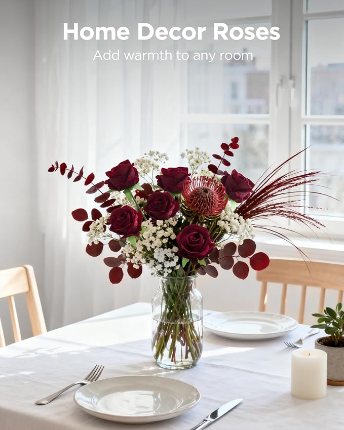 InnoGear Burgundy Roses Artificial Flowers 50 Pcs Fake Velvet Silk Floral | Bulk - Image 4