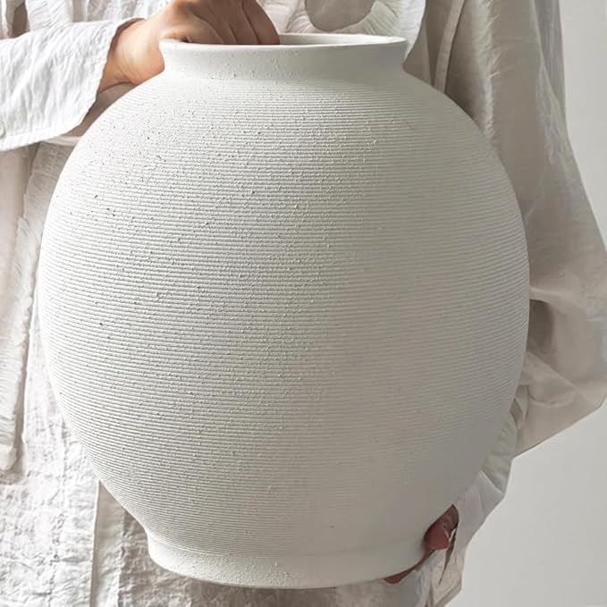 Extra Large White Ceramic Vase, 12.5" H Sandstone White | Round Farmhouse Design by KayolinCommunity