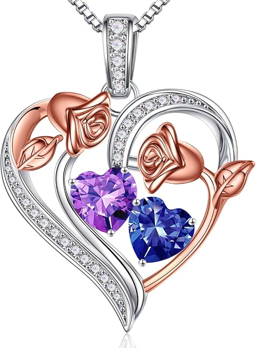 Iefil Valentines Day Gifts for Her - 925 Sterling Silver Rose Heart Necklace, Birthstone Jewelry, Anniversary Birthday Gifts for Wife Girlfriend Mom Daughter