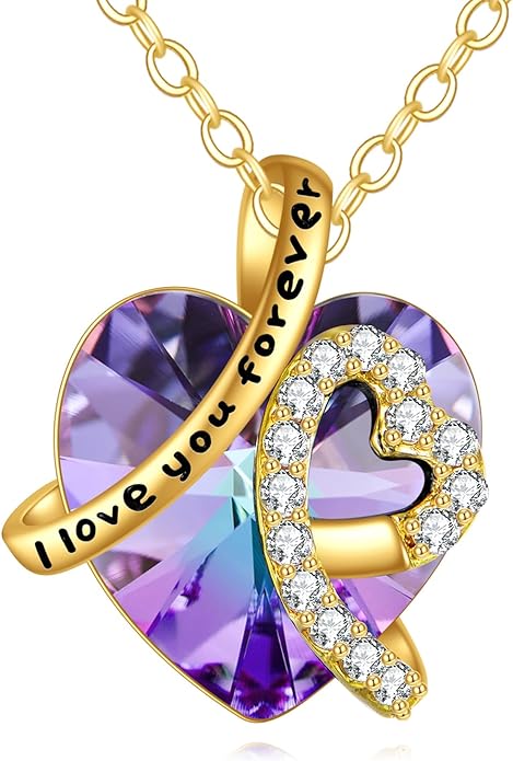 KECHO 14K Real Gold I Love You Forever Necklace Solid Yellow Gold Heart Birthstone Crystal Pendant Jewelry Birthday Mother's Day Anniversary Christmas Gifts for Women