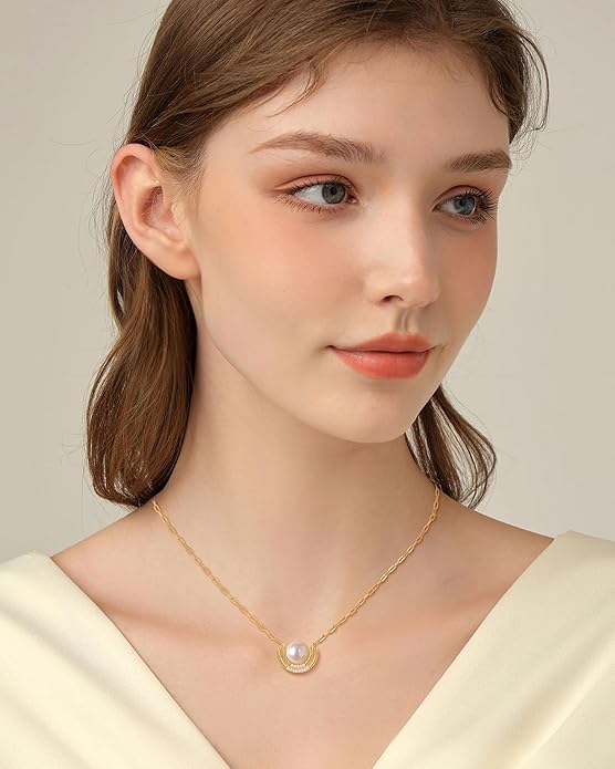 Pearl Necklace for Women with 14K Gold Plated S925 Silver & Butterfly Pendant Necklace, 17.7"+2" Chain Length, Gift for Birthday, Mothers Day, Christmas, Anniversary, Graduation