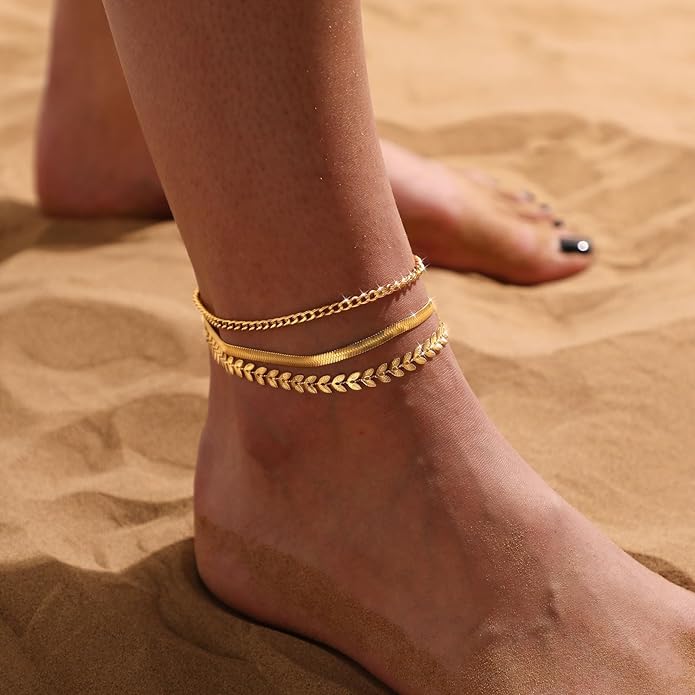 MIDEEO Gold/Silver Ankle Bracelets for Women,14K Gold Anklets for Women Waterproof Cuban Link Heart Beads Herringbone Rhinestone Anklets Set Layered Anklet Bracelets for Women Gold Jewelry Gift